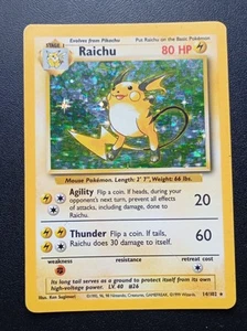 POKEMON CARD RAICHU BASE SET RARE HOLO 14/102 WORN EDGES CONDITION PLAYED - Foto 1 di 7