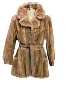 VINTAGE 60S TISSAVEL FRANCE FAUX FUR LEATHER COAT SATIN GOLD BUTTONS BELTED - Picture 1 of 14