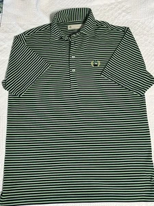 Camicia da golf Donald Ross uomo media verde e blu a righe emblema aquila usata - Foto 1 di 7