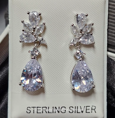 Pear & Round Cut Cubic Zirconia Earring 1.1 in 14K White Gold Plated Drop/Dangle - Image 1 of 4