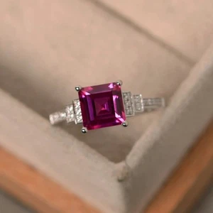 925 Sterling Silver 2CT Square Ruby Lab Created Dainty Ring Birthday Gift - Picture 1 of 6