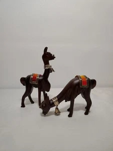 2 Hand Carved Wooden Lama with 950 sterling silver silver bell and pack blankets - Picture 1 of 12