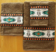 Southwest/Western Rustic 3 Pc Towel Set, Cappucino Teal/Turq Aztec/Dreamcatcher