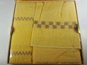Vintage Martex Yellow w/ Gold Checks El Dorado Bath 3 Towel Gift Set Boxed New 