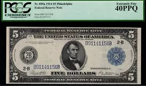 1914 $5 Federal Reserve Note - Philadelphia - FR-855a - PCGS 40PPQ - Picture 1 of 2