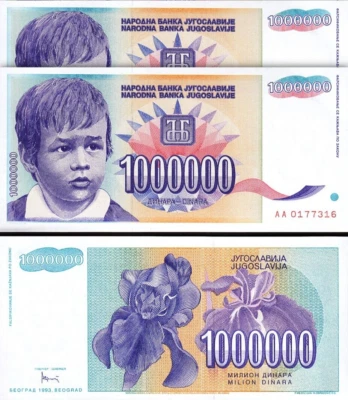 Yugoslavia 1000000, 1,000,000 Dinars 1993, UNC, 2 Pcs PAIR,Consecutive,P-120, AA - Image 1 of 4