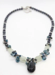 Laura Gibson Necklace. Gibson Sterling Silver Onyx Dangling Candy multi-gem neck - Picture 1 of 8