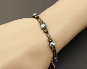 Goldtone Silver Peridot & Crystal Station 6.25” Toggle Bracelet  - Picture 1 of 9