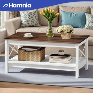 Farmhouse Rectangle Coffee Table 2-Tiered Open Shelf Waterproof Wood Living Room - Picture 1 of 10