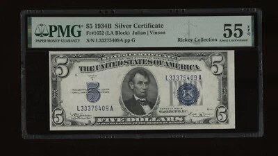 DBR 1934-B $5 Silver Fr. 1652 Vinson LA Block PMG 55 EPQ Serial L33375409A - Image 1 of 2