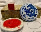 Vintage Carved Stone Chinese Wax Seal Stamp & Red Ink Pot Set with Case
