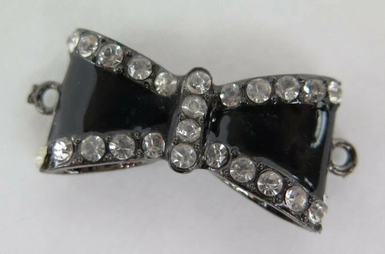 1PC Bow Connector, Black Enamel on Gunmetal with Rhinestones Bow, 35x15mm Diy - Image 1 of 4