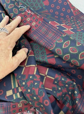 1 2/3 Yd 44X59" Navy Blue Green Red QUILT Patchwork PLAID Cheater FABRIC Paisley - Image 1 of 4