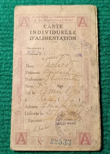 CARTE INDIVIDUELLE D'ALIMENTATION - RAVITAILLEMENT CATEGORIE A - 1918 - Imagen 1 de 3