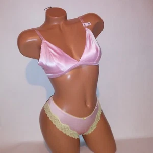 Victoria Secret Bra Set Medium Bralette & Panty Thong Pink Yellow Satin Solid Te - Picture 1 of 8