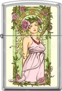 Zippo Nouveau Woman Green Floral Alphonse Mucha Style Satin Chrome Lighter - Picture 1 of 2