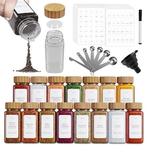 36 Pcs Spice Jars With Bamboo Lids - Glass 600 Labels 7pc Measuring Spoon Set - Picture 1 of 8