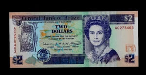 BELIZE ( 1 ) BANK NOTE  2 DOLLARS  1 . 6 . 1991  P 52 B  UNCIRCULATED - Picture 1 of 2