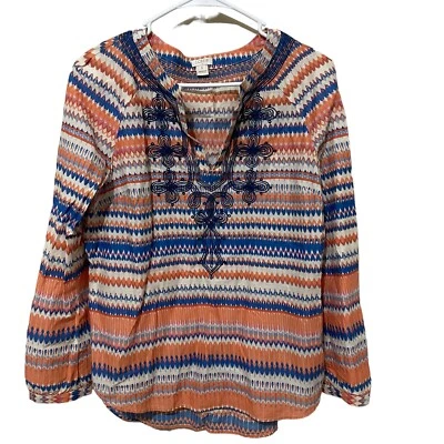 Blusa feminina J Crew pulôver média algodão estampa asteca azul coral pequena - Imagem 1 de 4