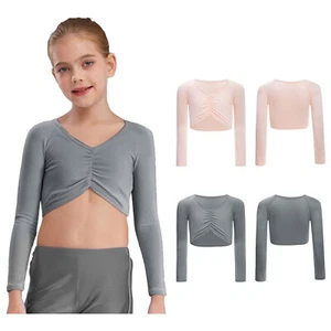Kids Girls Ballet Wrap Tops Long Sleeve Ballet Shrug Tops Yoga Ruched Crop Top - Picture 1 of 28