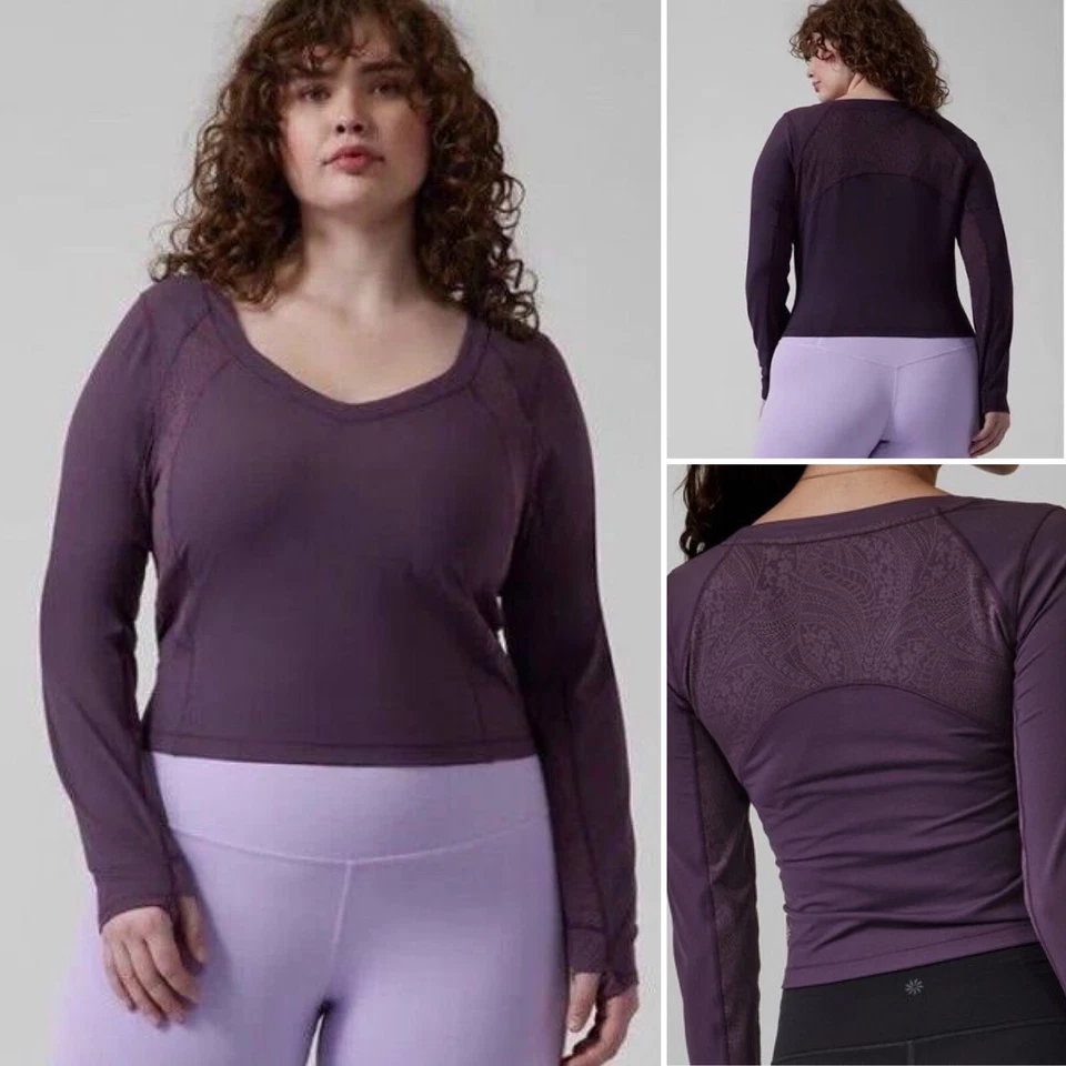 Athleta Shanti Lace cropped long sleeves Top in Deep Crocus Violet plus size 1X