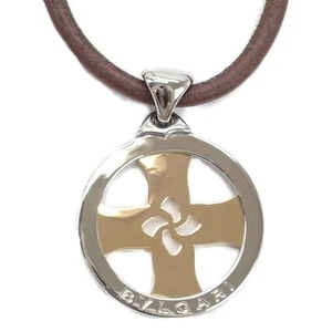 BVLGARI Tondo cross Pendant Top 18K Yellow Gold YG 750 METAL SS Leather - Picture 1 of 8
