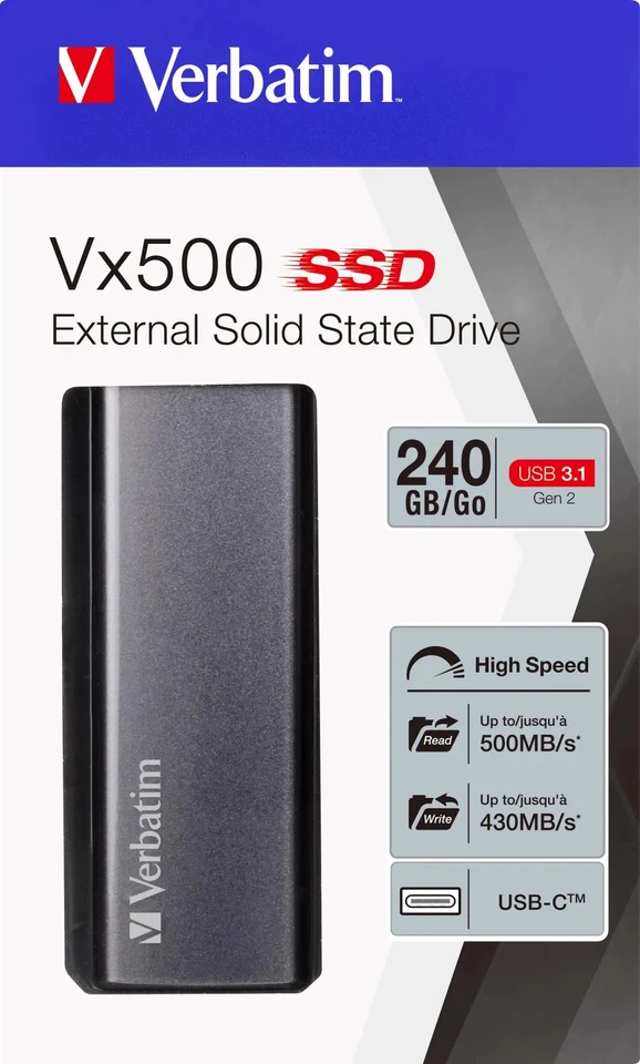 SSD extern 240GB Verbatim Vx500 USB 3.1 Typ A/C silber spacegrau 500MB/s - Bild 1 von 1