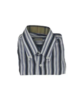 Camisa para hombre Burberry London manga corta talla M azul blanco dorado camisa a rayas Usada en excelente condición - Imagen 1 de 4