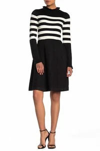 Eliza J Black White Ruffle Neck Stripe Print Fit and Flare Dress 188$ Size L - Picture 1 of 7