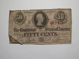 $.50 1863 Richmond Virginia VA Confederate Currency Bank Note Bill RARE T63 - Picture 1 of 2