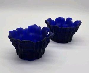 2 Dalzell Viking RARE SATIN FINISH Cobalt Glass Glimmer Crown Candle Holders - Picture 1 of 10