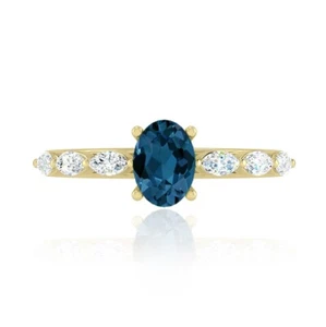 London Blue Topaz &Diamond Solitaire Women Ring Solid 14K Gold #1021 - Picture 1 of 19