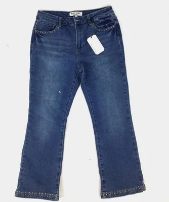 Pantalones de mezclilla acampanados cortos tiro medio con tachuelas de terciopelo corazón para mujer talla 30 Foto 1 de 4