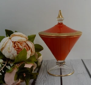 Vintage Rambler Rose Orange Glass Gold Footed Candy Dish w/Lid - Picture 1 of 10