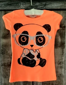 Girls BELLE DU JOUR Neon Orange Stretch Short Sleeve Panda Silver Glasses Tee S - Picture 1 of 8