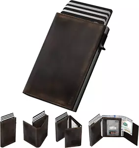 Mens Wallet Card Holder: Pop up Aluminum Case, Full Grain Leather, RFID Blocking - Picture 1 of 12