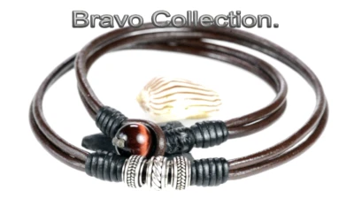 Gargantilla de cuero y ojo de tigre de plata esterlina maciza genuina 1N-614 para hombre Foto 1 de 3