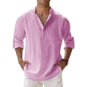 Neu Herren Freizeithemden leichte Langarm Henley Baumwolle Hemden für Strand - Bild 1 von 34