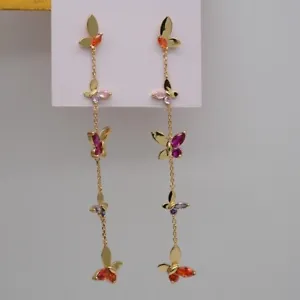 Kate Spade Jewelry Long Liner Gold CZ Butterfly Post Earrings Drop Dangle Hoop - Picture 1 of 8