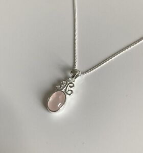 Brand New 925 Sterling Silver Rose Quartz Scroll Top Pendant Necklace