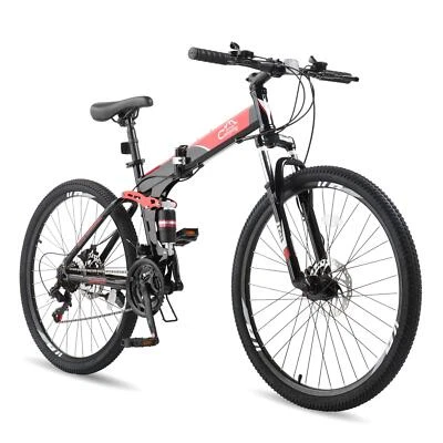 26" Folding Mountain Bike 21 Speed Bicycle Full Suspension MTB Bike Steel Black