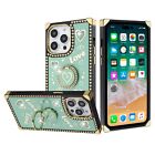 Square Hearts Bling Glitter Love Design Ring Stand Case Teal For iPhone 11