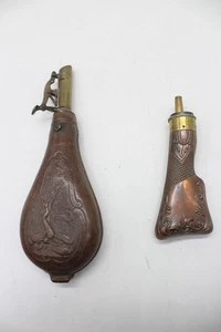 F x2 Vintage Shot Flasks inc 1lb 3oz Embossed Leather 1oz-1 1/4oz Measurements - Picture 1 of 5