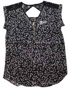 Express Womens Blouse Black Floral Print Sleeveless V-Neck Zip Top w Lace Sz Lrg - Picture 1 of 9