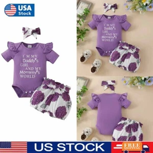 Newborn Baby Girl Clothes Romper Bodysuit Tops Shorts Headband Outfits Set 3Pcs - Picture 1 of 17