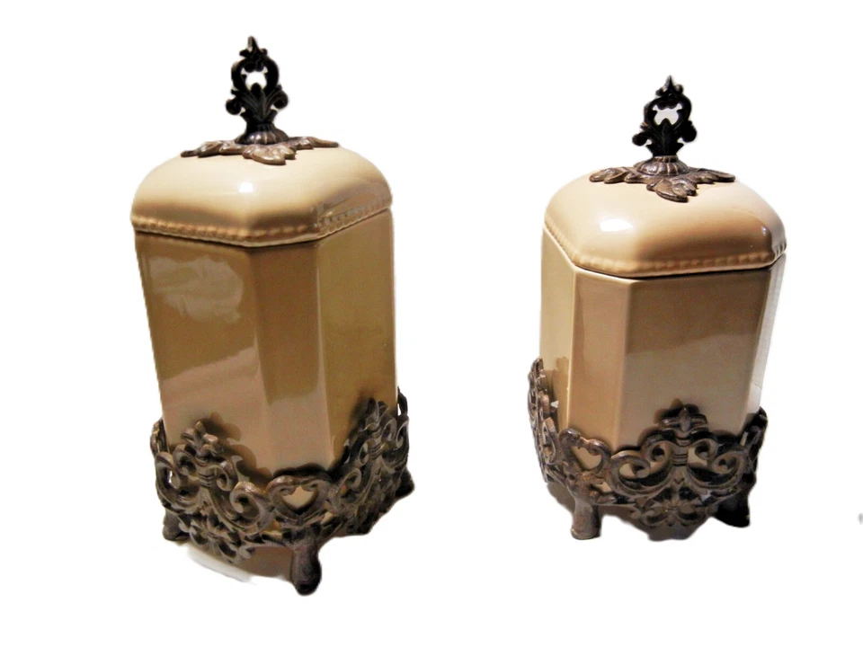 Gracious Goods Acanthus LARGE Ceramic Canisters Cookie Jar Lid Metal Stand TAUPE - Image 1 of 4