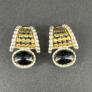 Premier Designs Clip On Huggie Earrings Gold Silver Tone Black Glass Stone - Picture 1 of 10