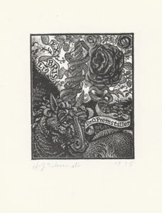 Exlibris- HANS-JOACHIM BEHRENDT - For Dr. O. Premstaller - Rose/Unicorn - Opus 5 - Picture 1 of 3