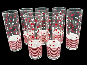 MCM Libbey Glasses Tom Collins Tall Red White Dots Stripes Hand Blown Vtg Set 7 - Picture 1 of 11