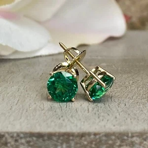 5 mm Lab Created Emerald 925 Silver Stud Earrings 14K Yellow Gold Plated Silver - Picture 1 of 2
